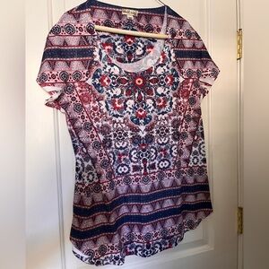 World Unity Short flutter sleeve Boho red and navy on white print knit top sz xl